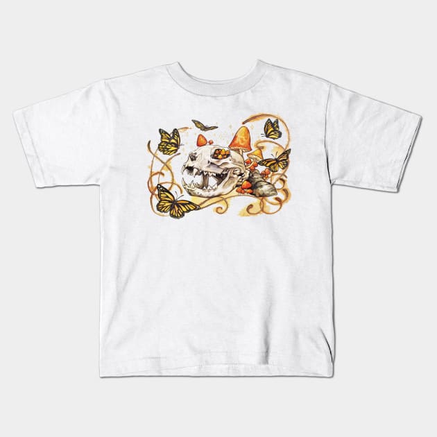 Cat Skull and Butterflies Kids T-Shirt by GnarlyBones